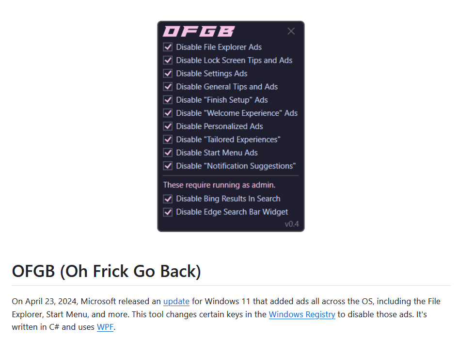 OFGB汉化版(广告滚蛋) v0.4 Windows11一键关闭广告-第1张图片-分享迷